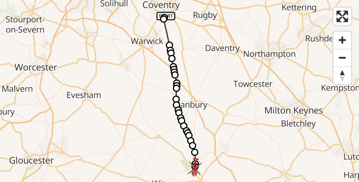 Flight route Air Ambulance Helicopter Coventry Airport - London Oxford Airport, 29 May 2026, 15:31