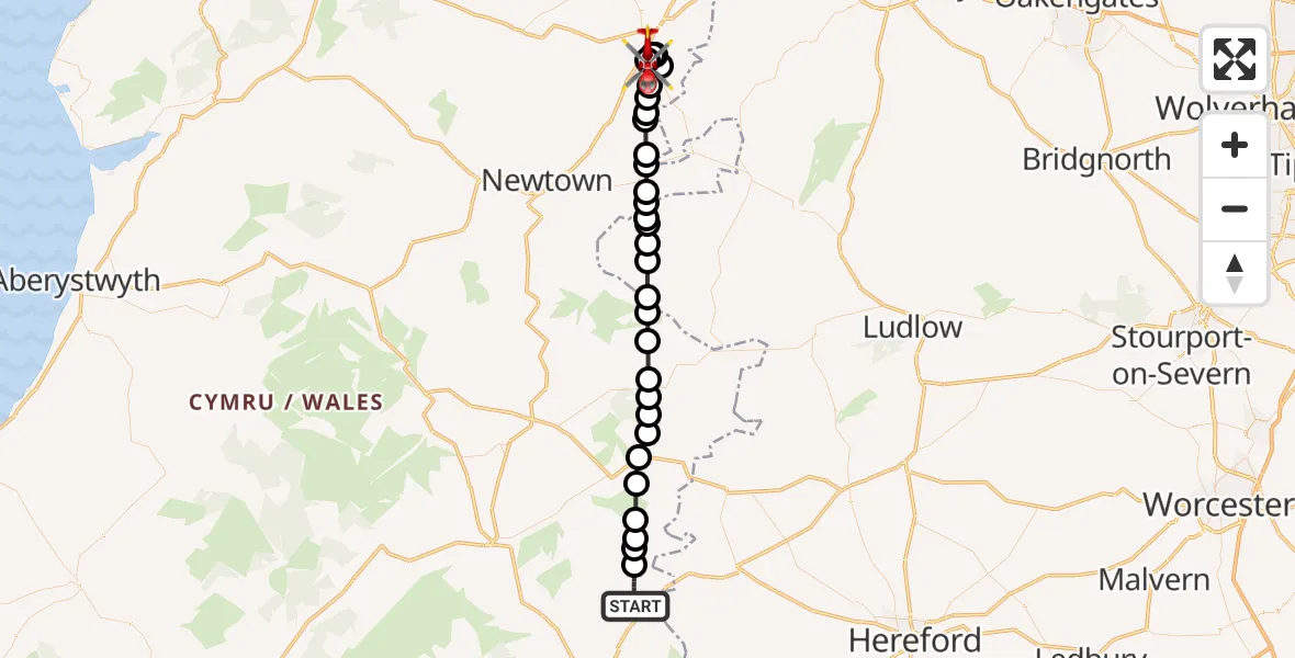 Flight route Air Ambulance Helicopter Clyro - Welshpool Airport, 29 May 2026, 15:38