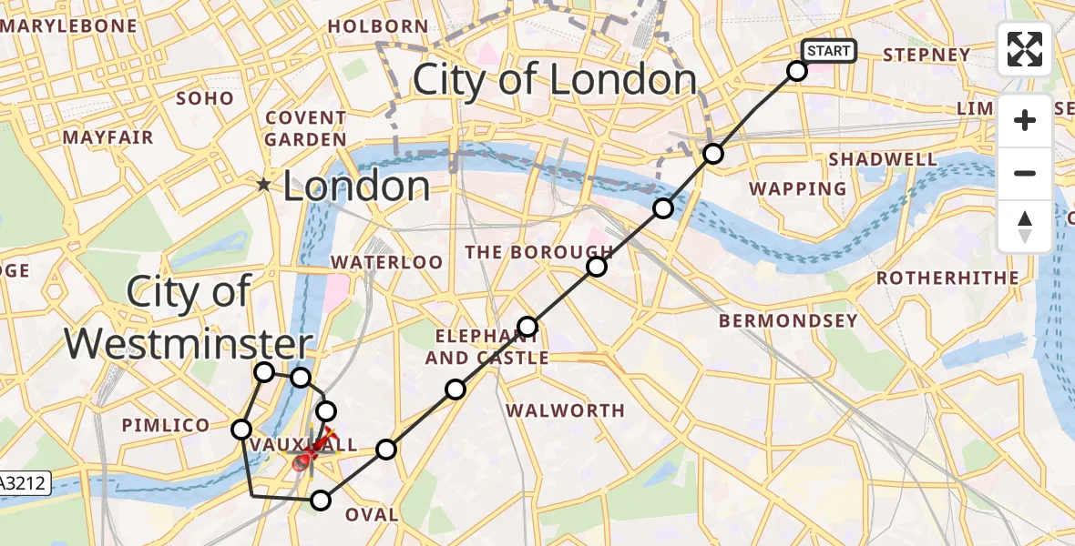 Flight route Air Ambulance Helicopter Royal London Hospital - City of Westminster, 29 May 2026, 15:40