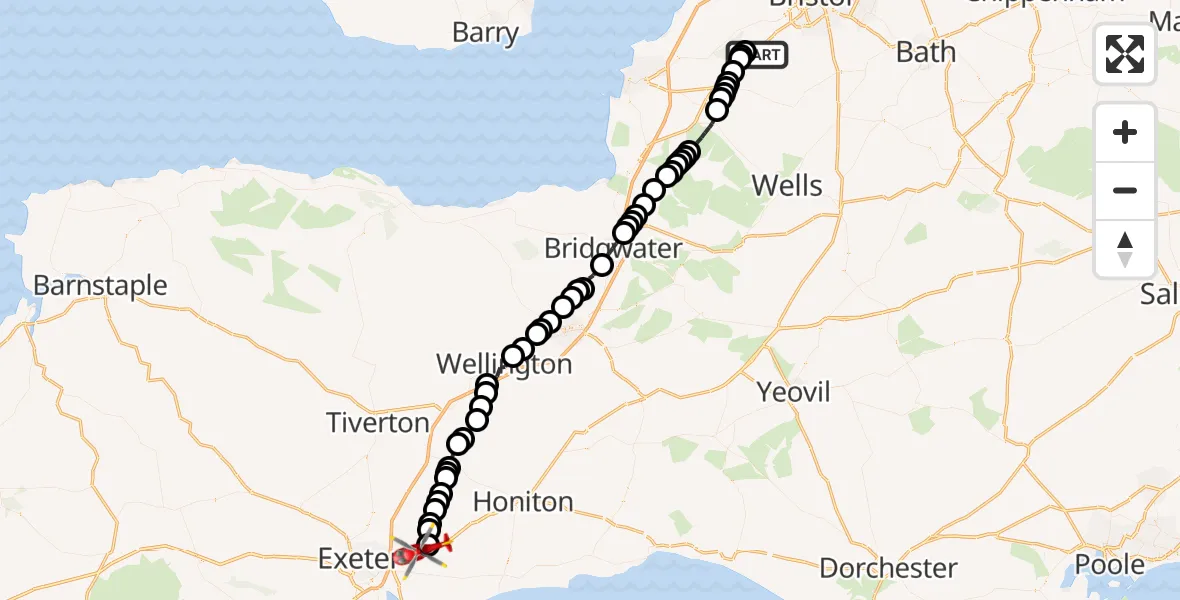 Flight route Air Ambulance Helicopter Bristol Airport - Rockbeare, 29 May 2026, 15:45
