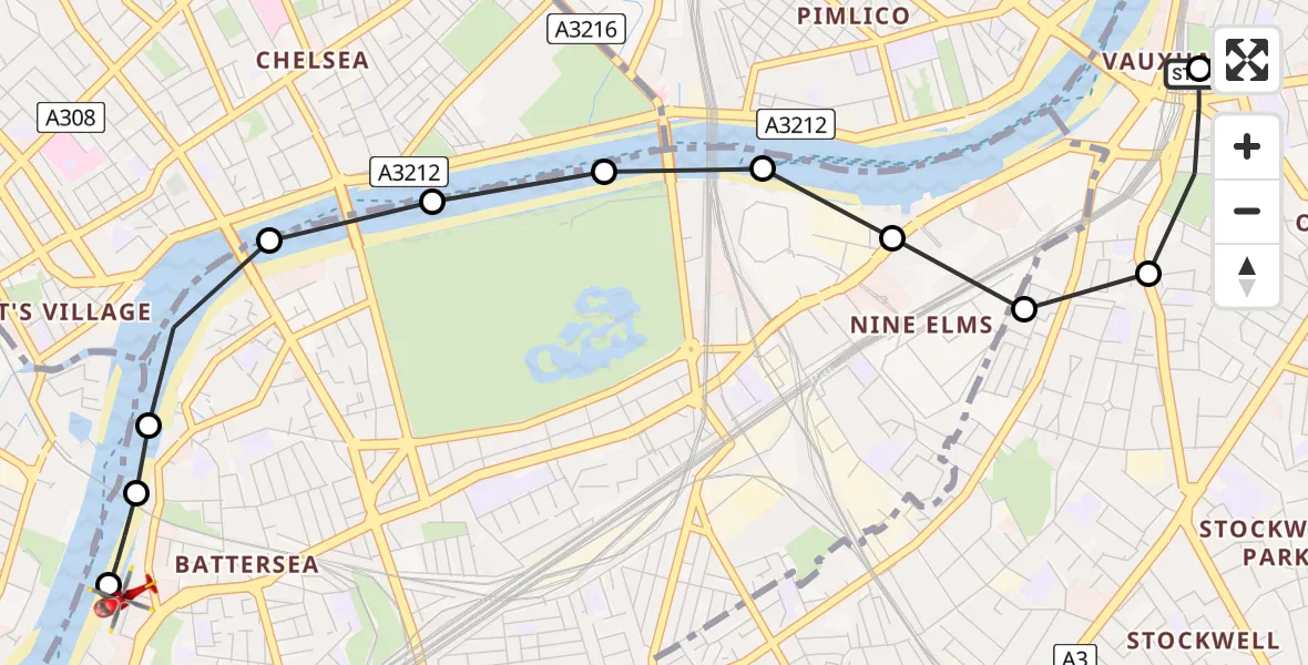 Flight route Air Ambulance Helicopter Vauxhall - London Heliport, 29 May 2026, 16:04