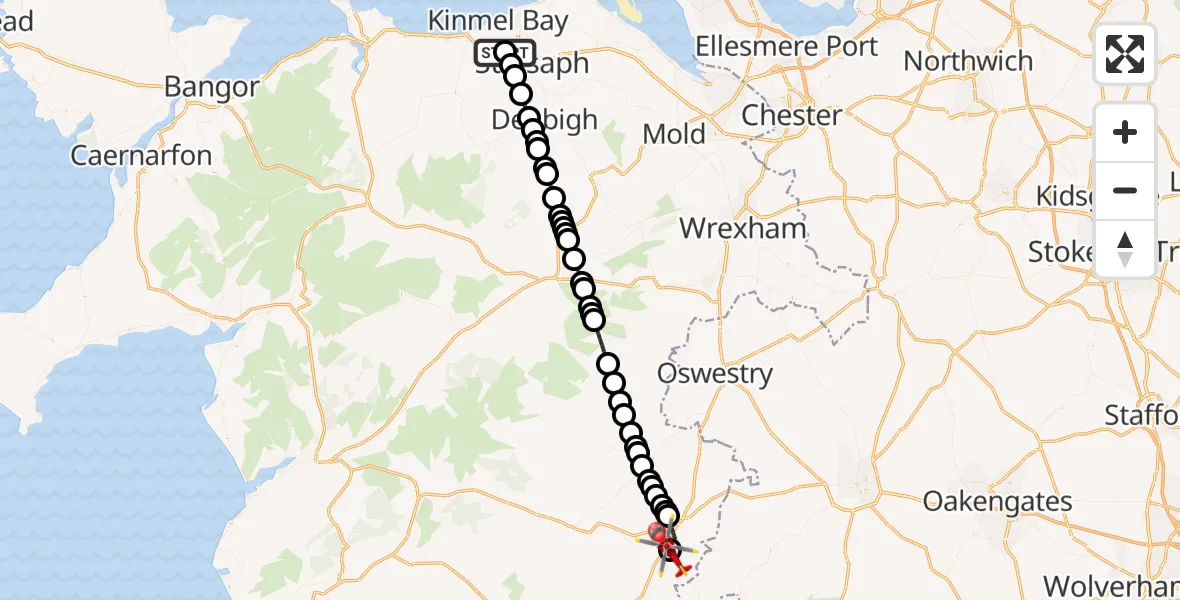 Flight route Air Ambulance Helicopter Ysbyty Glan Clywd Hospital Heliport - Welshpool Airport, 29 May 2026, 16:05