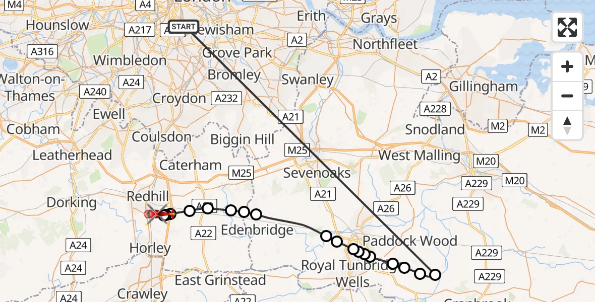 Flight route Air Ambulance Helicopter Kings College London Hospital - Redhill Aerodrome, 29 May 2026, 16:07