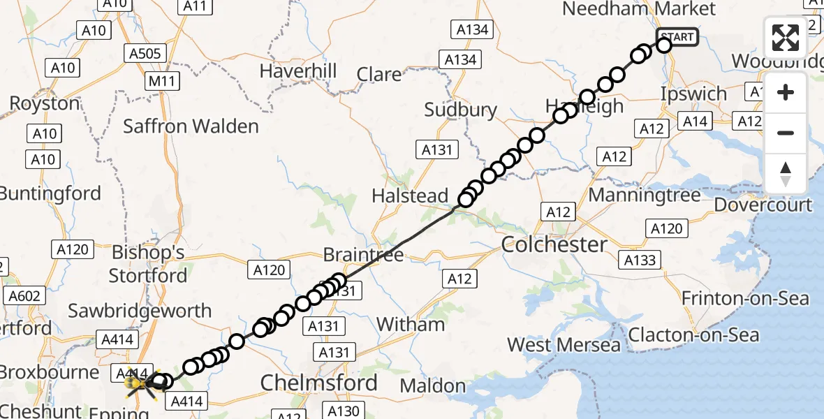 Flight route Police Helicopter Barham - North Weald Bassett, 29 May 2026, 16:13