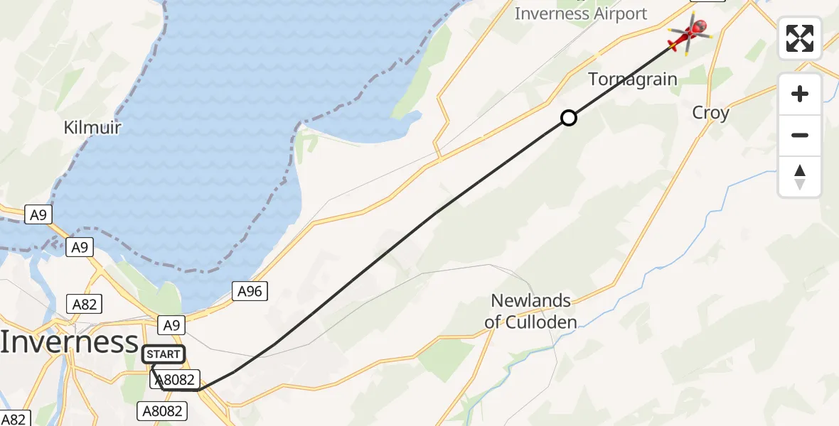 Flight route Air Ambulance Helicopter Inverness - Tornagrain, 29 May 2026, 16:18