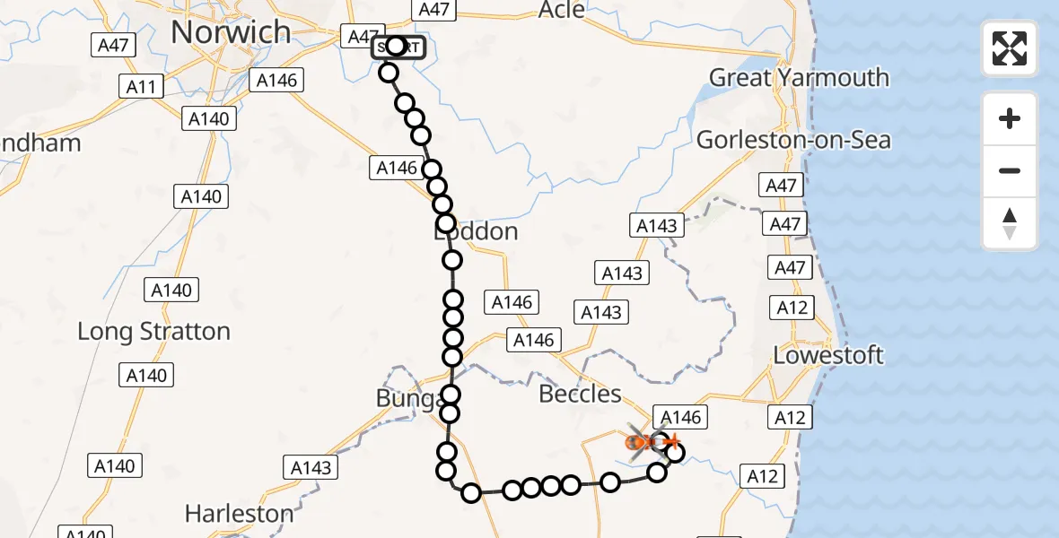 Flight route Coastguard Helicopter Brundall - Beccles Airfield, 29 May 2026, 16:27