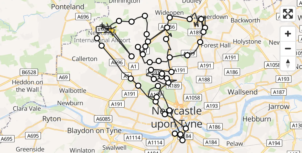 Flight route Police Helicopter Newcastle International Airport - Newcastle International Airport, 29 May 2026, 16:34