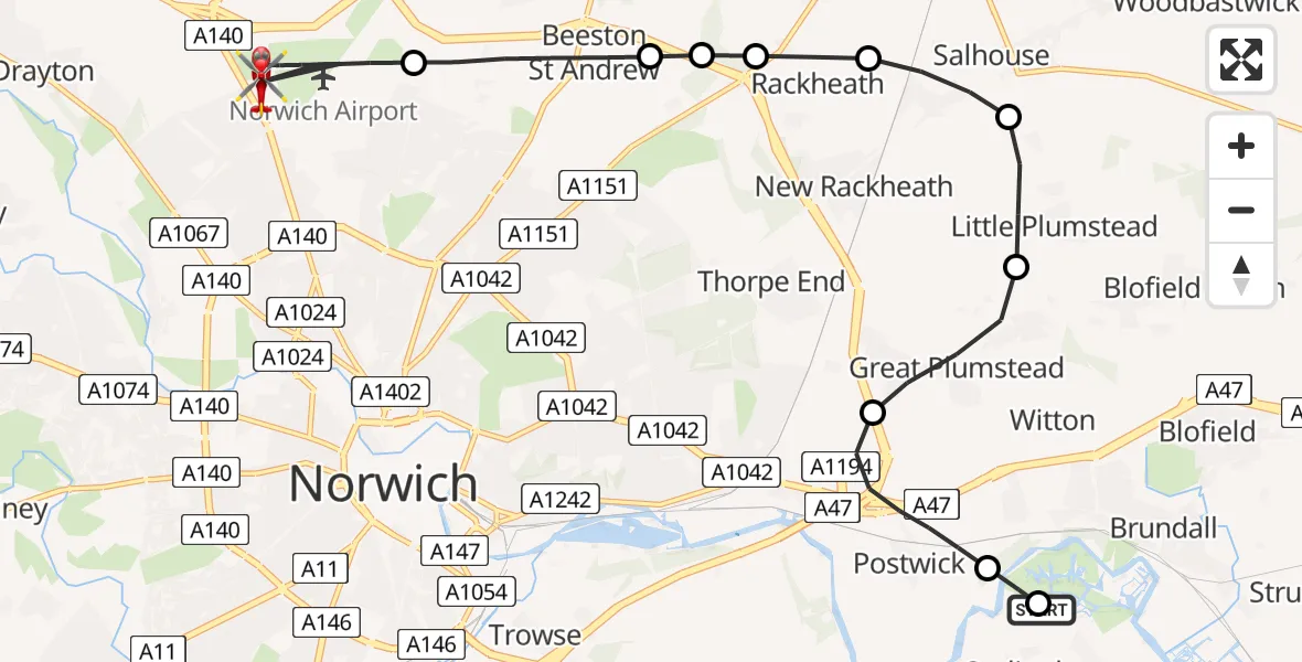Flight route Air Ambulance Helicopter Surlingham - Norwich Airport, 29 May 2026, 16:36