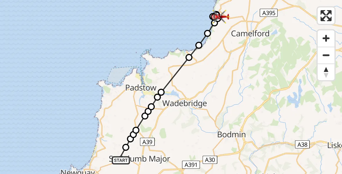 Flight route Air Ambulance Helicopter Cornwall Airport Newquay - Trebarwith Strand, 29 May 2026, 16:40