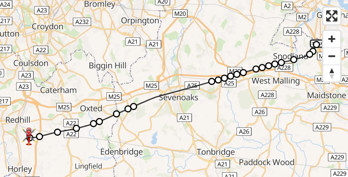 Flight route Air Ambulance Helicopter Rochester Airport - Redhill Aerodrome, 29 May 2026, 16:48