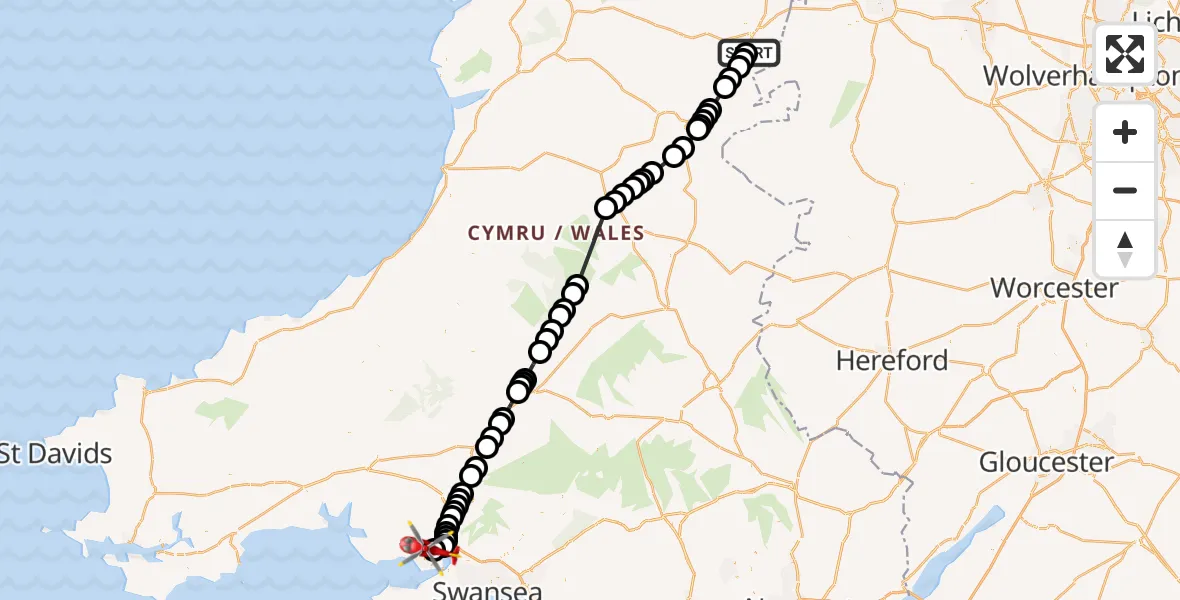 Flight route Air Ambulance Helicopter Welshpool Airport - Dafen, 29 May 2026, 17:05