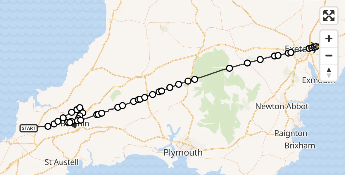 Flight route Police Helicopter St. Columb Major - Exeter International Airport, 29 May 2026, 17:06