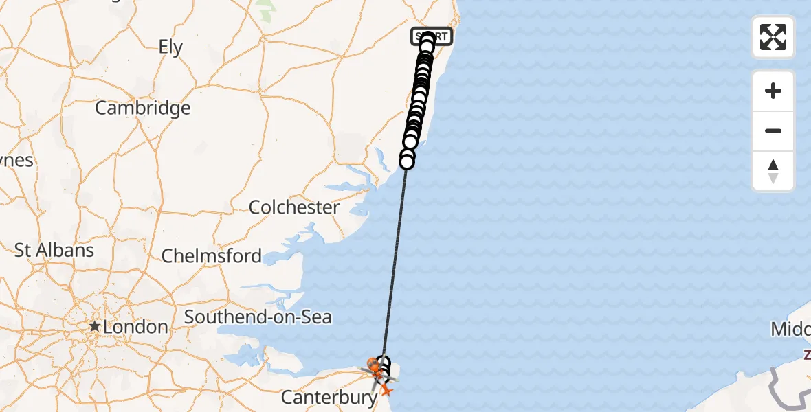 Flight route Coastguard Helicopter East Suffolk - Manston Airport, 29 May 2026, 17:11