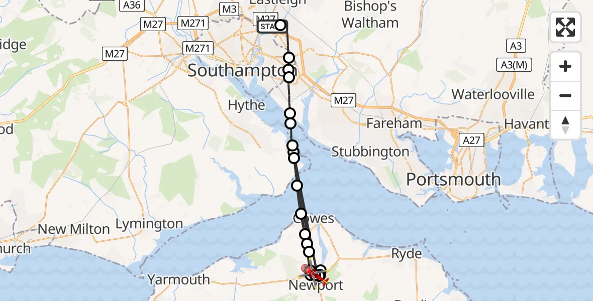 Flight route Air Ambulance Helicopter Southampton Airport - Newport, 29 May 2026, 17:53
