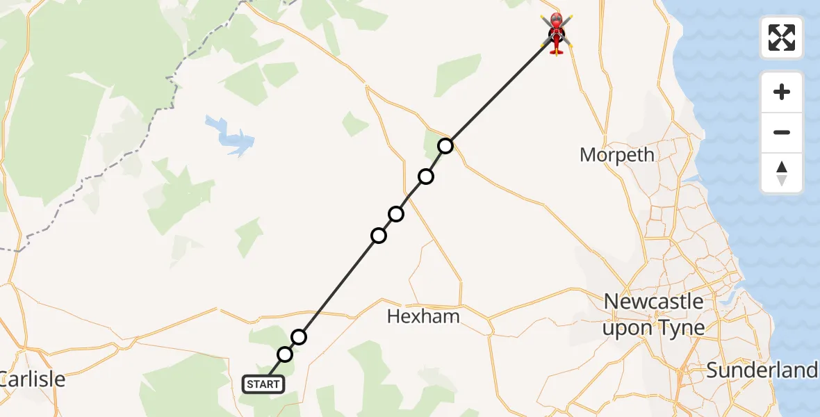Flight route Air Ambulance Helicopter Knaresdale with Kirkhaugh - Longframlington, 29 May 2026, 17:54