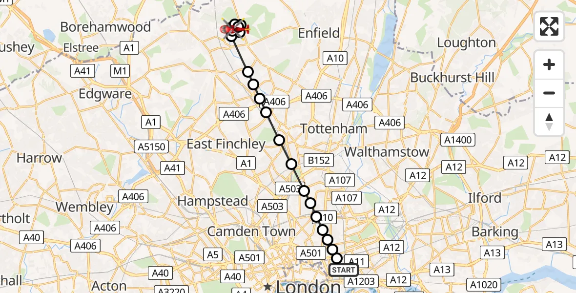 Flight route Air Ambulance Helicopter Royal London Hospital - Cockfosters, 29 May 2026, 17:59