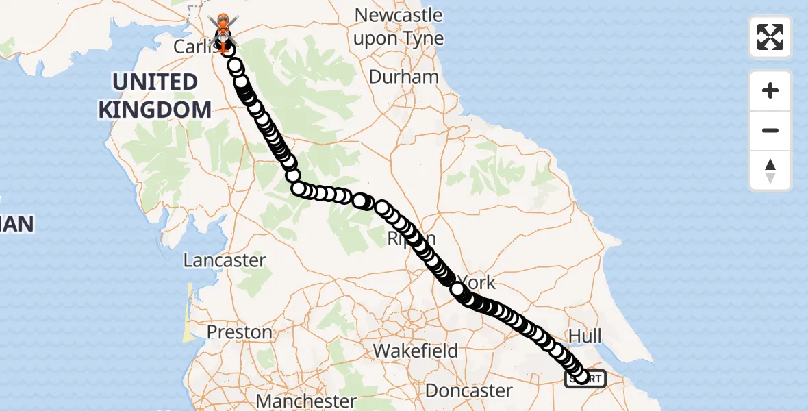 Flight route Coastguard Helicopter Humberside Airport - Carlisle Lake District Airport, 29 May 2026, 18:00