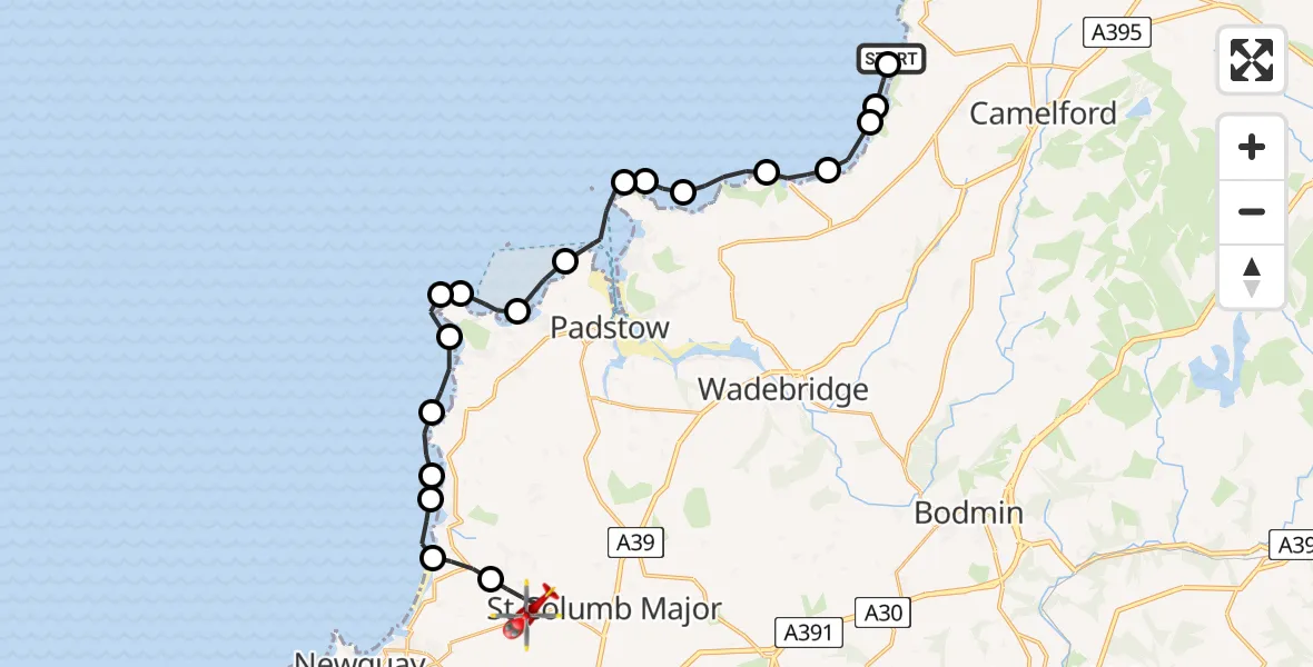 Flight route Air Ambulance Helicopter Treknow - Cornwall Airport Newquay, 29 May 2026, 18:02
