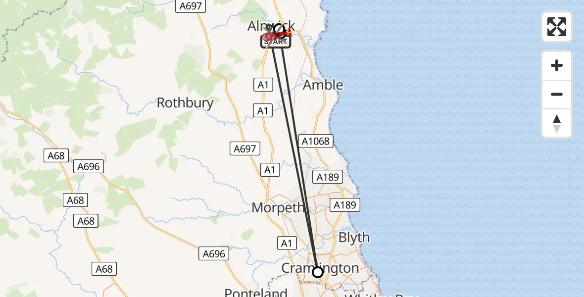 Flight route Air Ambulance Helicopter Denwick - Alnwick, 29 May 2026, 18:08