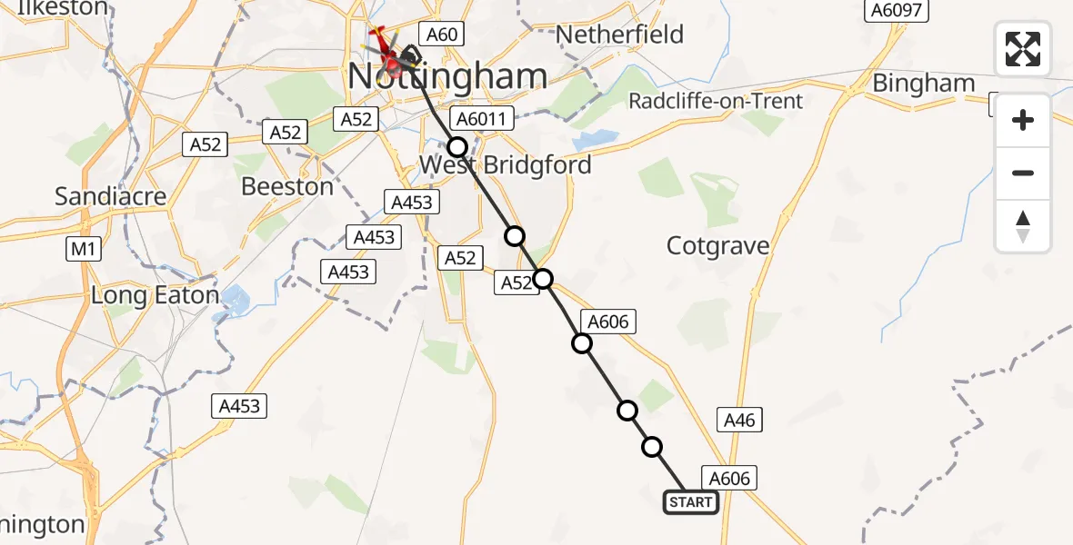 Flight route Air Ambulance Helicopter Widmerpool - City of Nottingham, 29 May 2026, 18:15