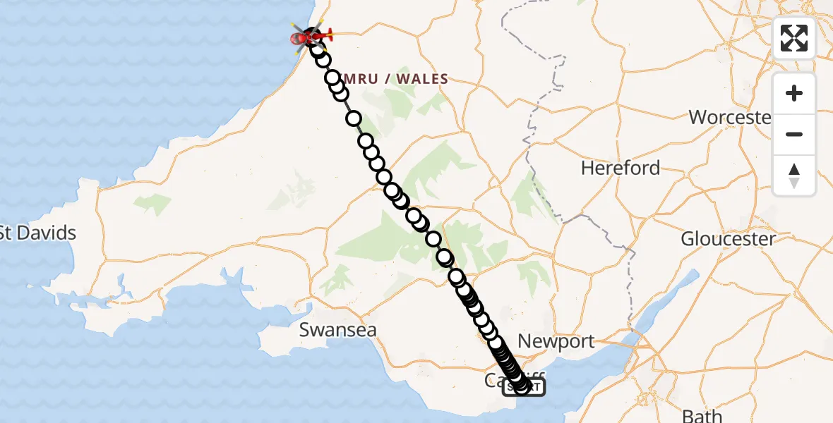 Flight route Air Ambulance Helicopter Cardiff Heliport - Penparcau, 29 May 2026, 18:17