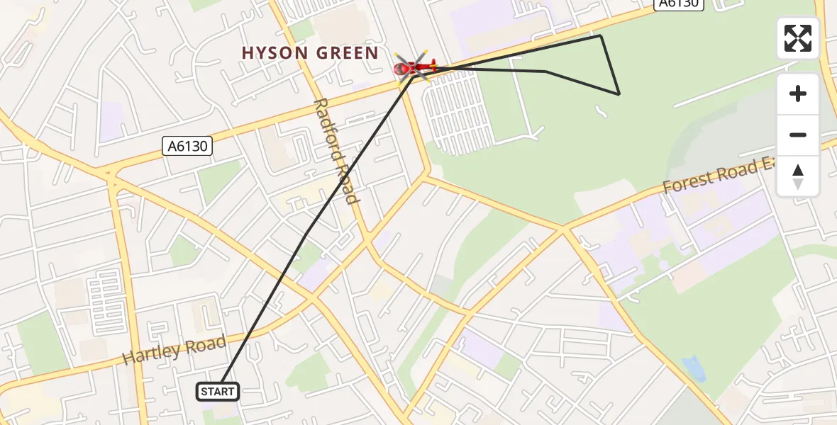 Flight route Air Ambulance Helicopter City of Nottingham - City of Nottingham, 29 May 2026, 18:28