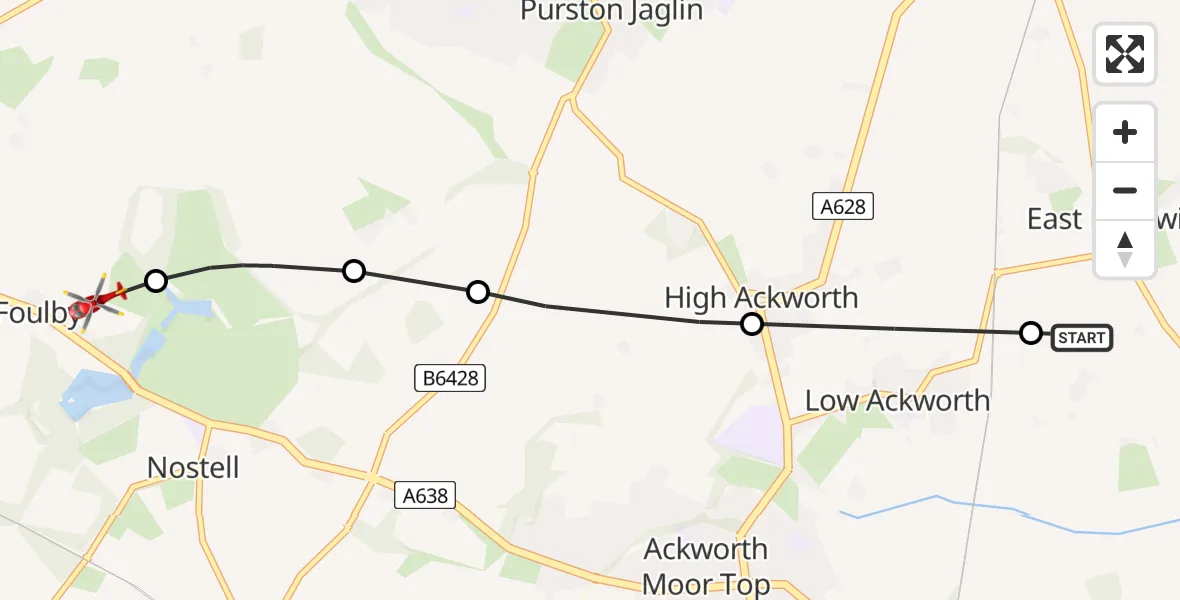 Flight route Air Ambulance Helicopter East Hardwick - YAA Nostell Helicopter Port, 29 May 2026, 18:35