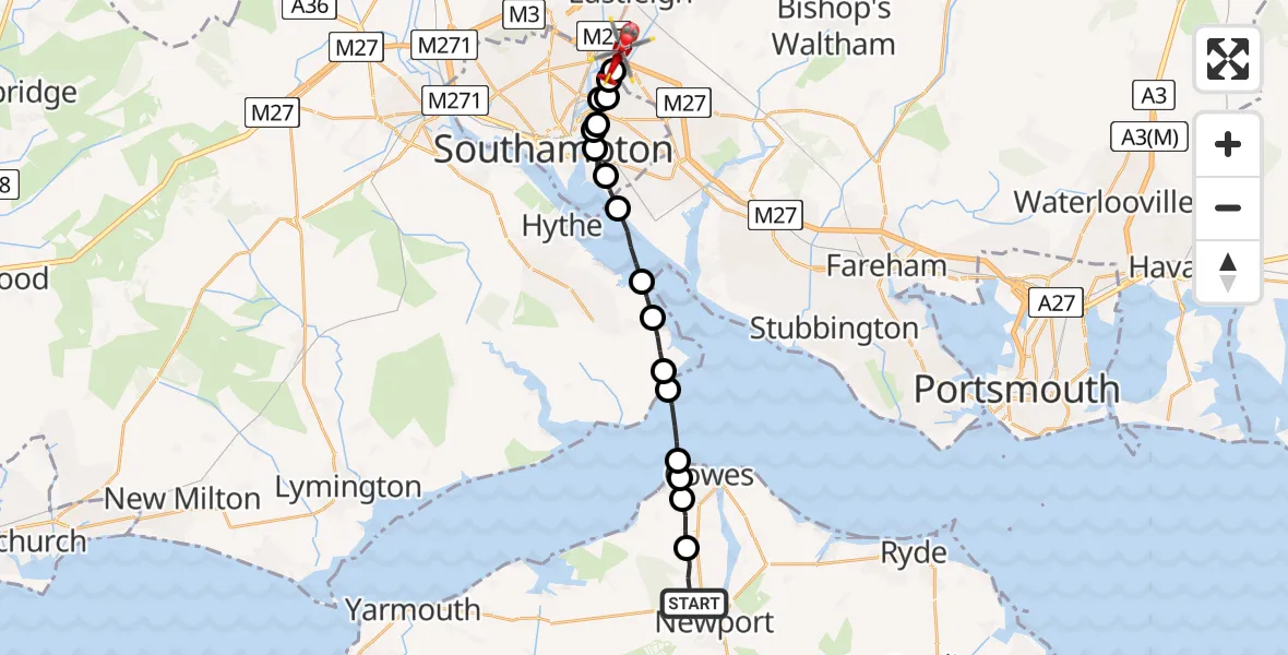 Flight route Air Ambulance Helicopter Newport - Southampton Airport, 29 May 2026, 18:35