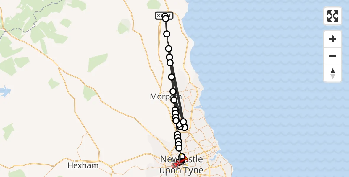 Flight route Air Ambulance Helicopter Alnwick - Newcastle Royal Victoria Infirmary, 29 May 2026, 18:39