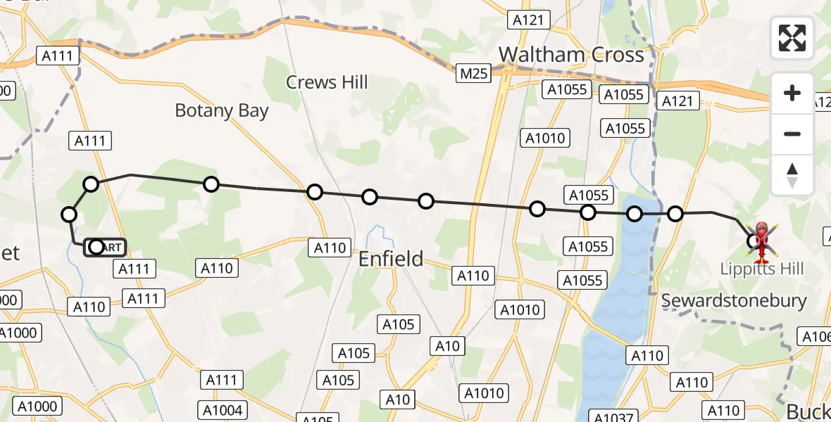 Flight route Air Ambulance Helicopter New Barnet - Metropolitan Police Air Support Unit Lippitts Hill, 29 May 2026, 18:40