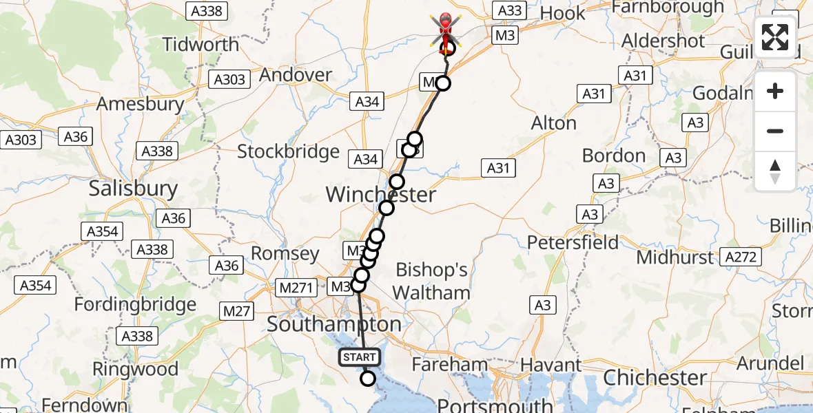 Flight route Air Ambulance Helicopter Southampton Water - Oakley, 29 May 2026, 18:47