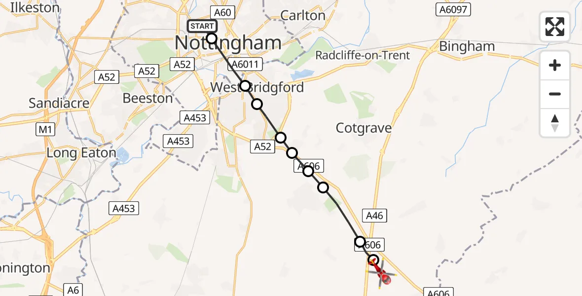 Flight route Air Ambulance Helicopter City of Nottingham - Nottingham Heliport, 29 May 2026, 18:47