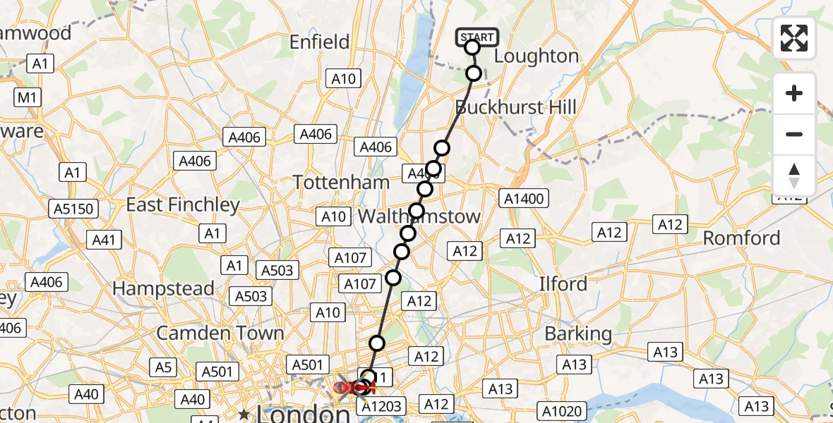 Flight route Air Ambulance Helicopter Metropolitan Police Air Support Unit Lippitts Hill - Royal London Hospital, 29 May 2026, 18:54