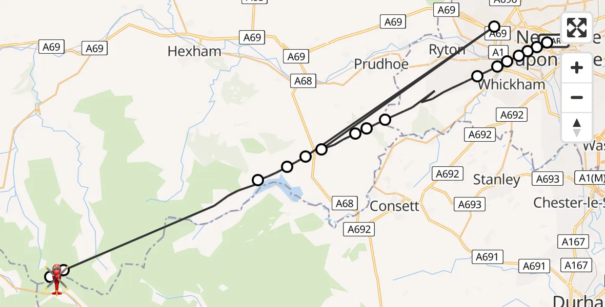 Flight route Air Ambulance Helicopter Newcastle Royal Victoria Infirmary - Allendale, 29 May 2026, 19:23
