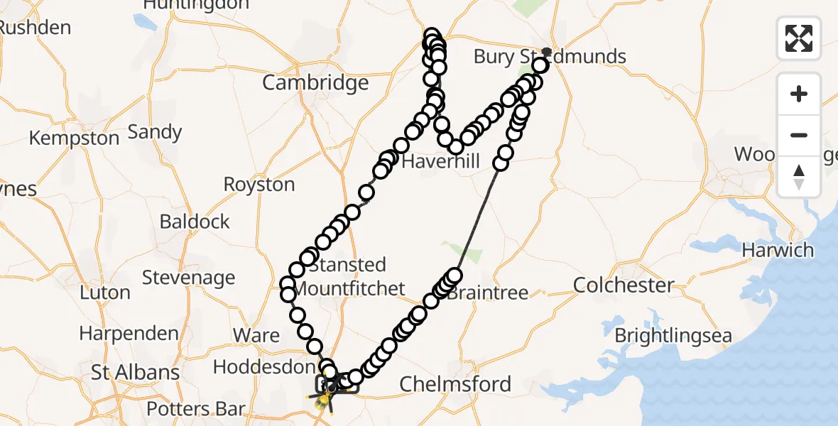 Flight route Police Helicopter Magdalen Laver - North Weald Airfield, 29 May 2026, 20:02