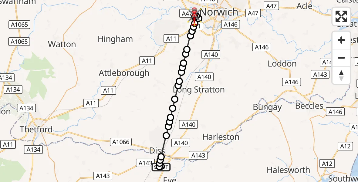 Flight route Air Ambulance Helicopter Thrandeston - Norfolk & Norwich Hospital, 29 May 2026, 21:00