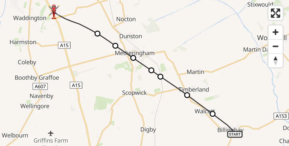 Flight route Air Ambulance Helicopter Billinghay - North Kesteven, 29 May 2026, 21:01