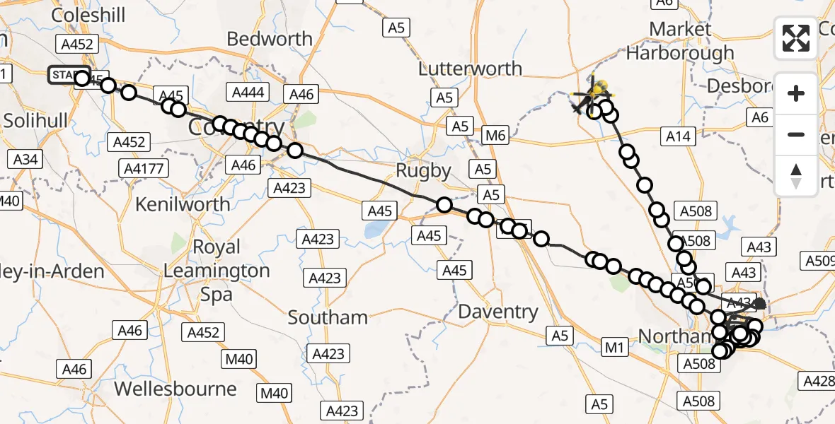 Flight route Police Helicopter Birmingham Airport - Welford, 29 May 2026, 21:10