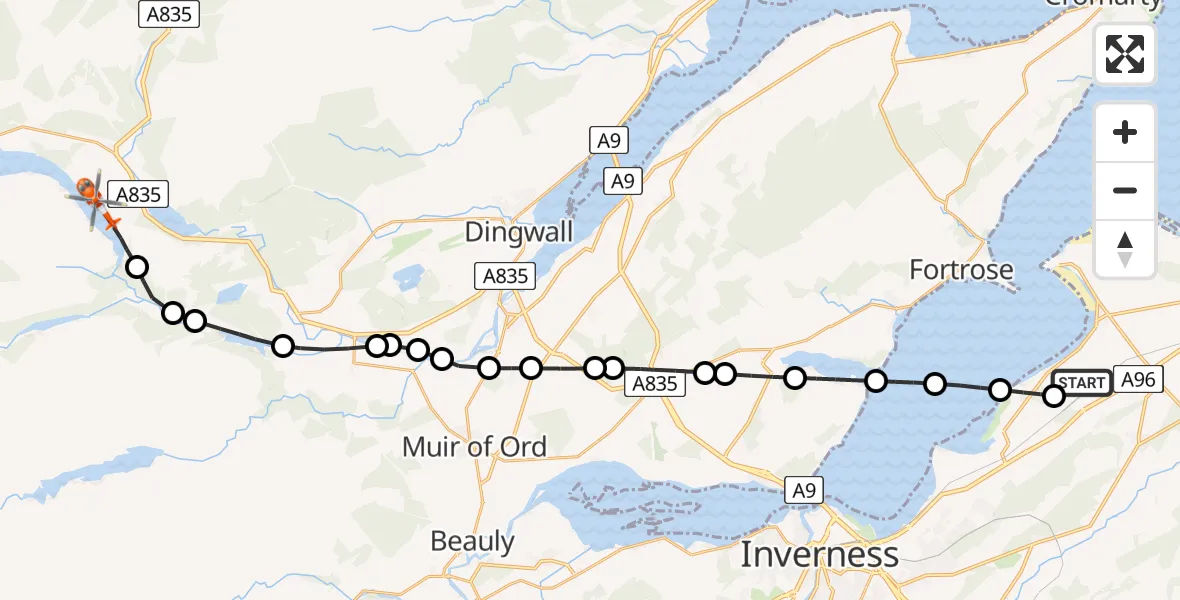 Flight route Coastguard Helicopter Inverness Airport - Garve, 29 May 2026, 21:21