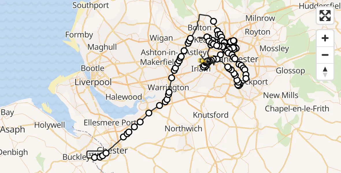 Flight route Police Helicopter Hawarden Airport - Manchester Barton Aerodrome, 29 May 2026, 21:24