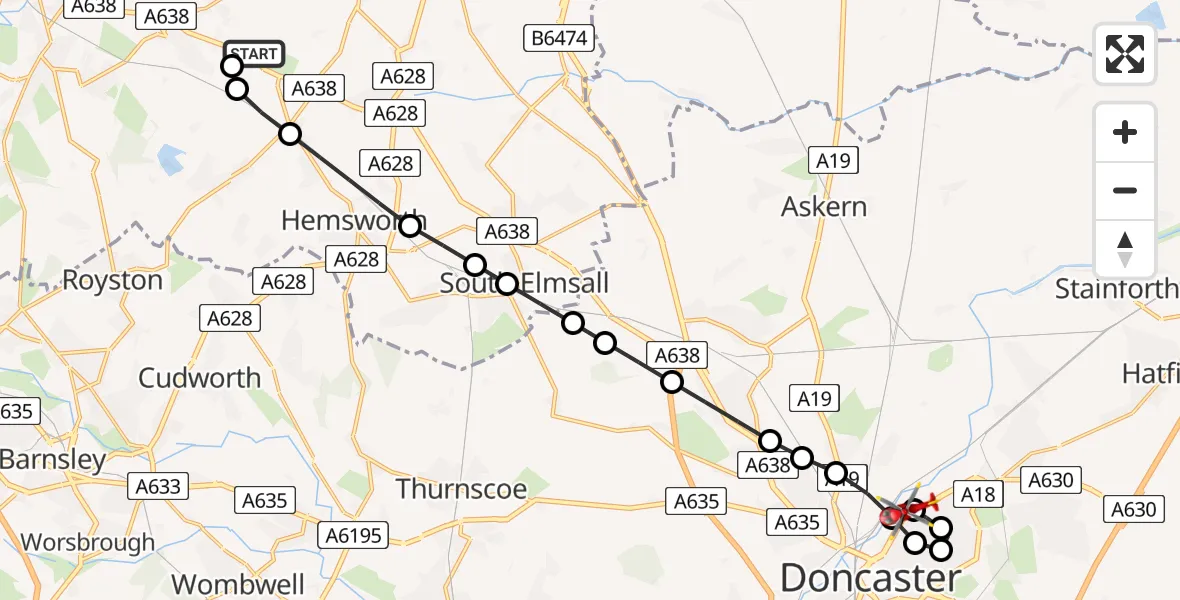 Flight route Air Ambulance Helicopter YAA Nostell Helicopter Port - Wheatley, 29 May 2026, 21:30