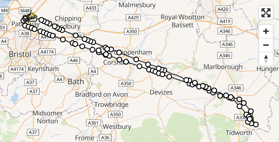 Flight route Police Helicopter Almondsbury Helicopter Base - Almondsbury Helicopter Base, 29 May 2026, 21:46