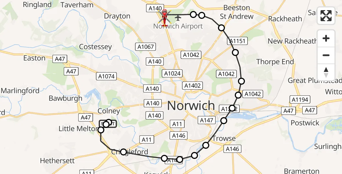 Flight route Air Ambulance Helicopter Norfolk & Norwich Hospital - Norwich Airport, 29 May 2026, 22:03