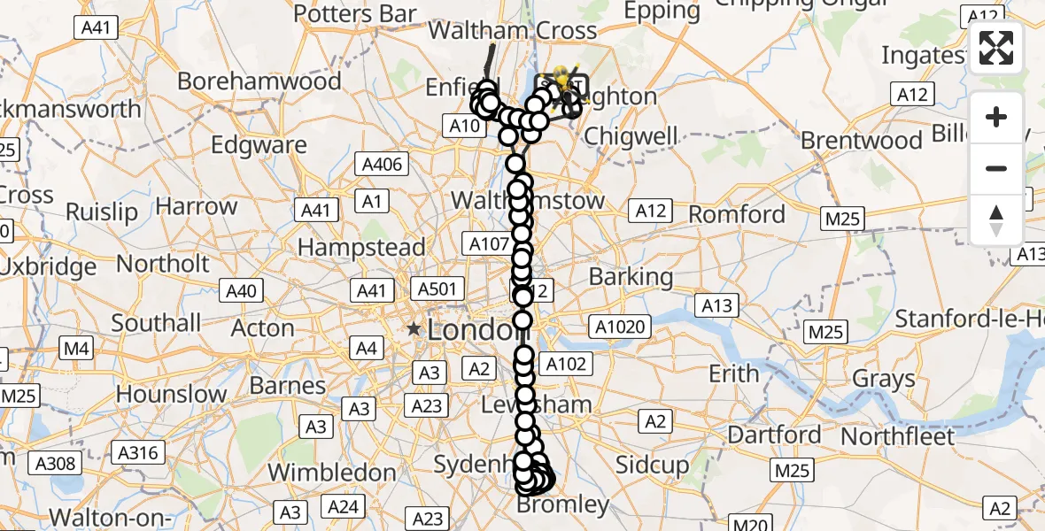 Flight route Police Helicopter Metropolitan Police Air Support Unit Lippitts Hill - Sewardstonebury, 29 May 2026, 22:10
