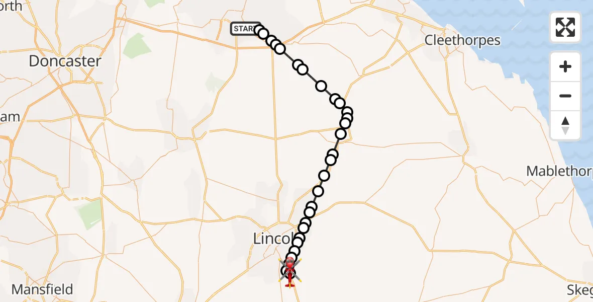 Flight route Air Ambulance Helicopter Scunthorpe - North Kesteven, 29 May 2026, 22:35