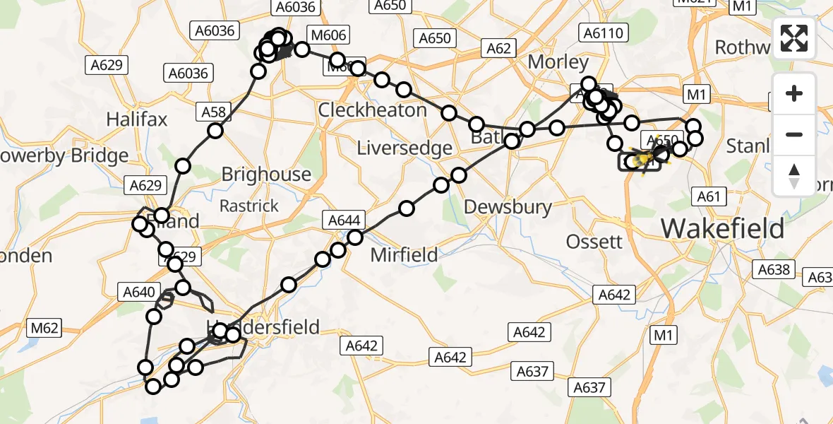 Flight route Police Helicopter East Ardsley - Brandy Carr, 29 May 2026, 22:37