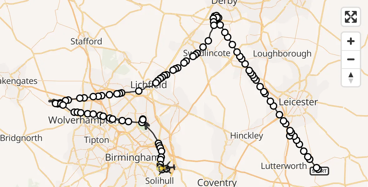 Flight route Police Helicopter Husbands Bosworth Airfield - Birmingham Airport, 29 May 2026, 23:01