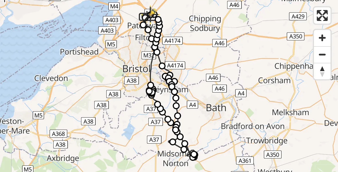 Flight route Police Helicopter Almondsbury Helicopter Base - Almondsbury Helicopter Base, 29 May 2026, 23:08