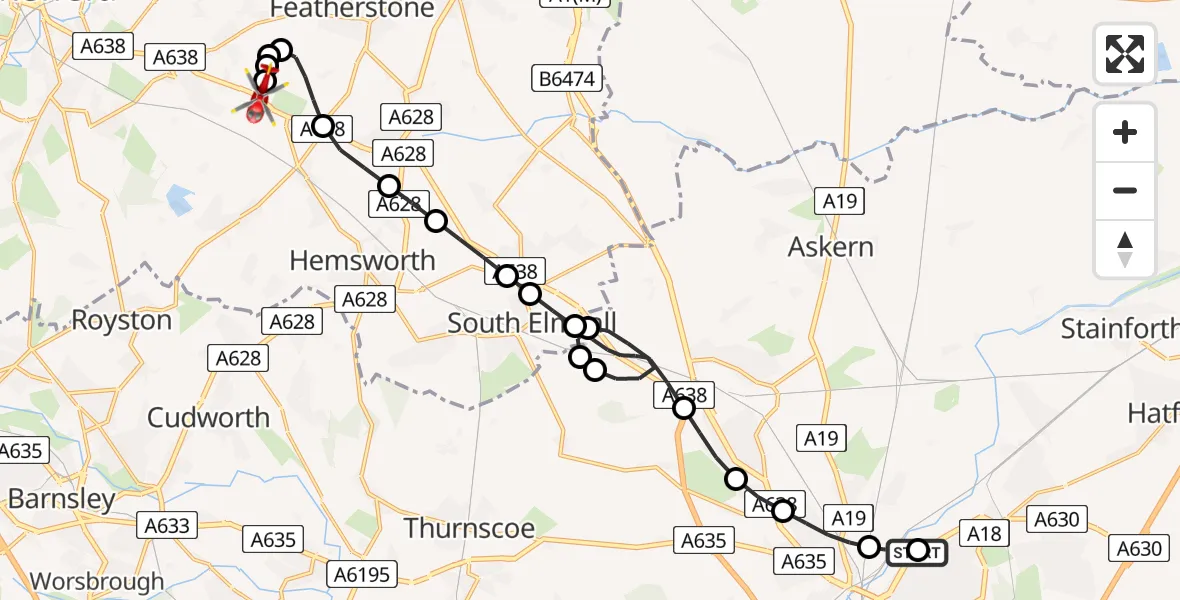 Flight route Air Ambulance Helicopter Wheatley - YAA Nostell Helicopter Port, 29 May 2026, 23:10