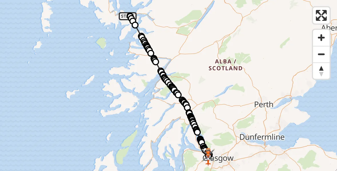 Flight route Coastguard Helicopter Inner Seas - Glasgow Airport, 29 May 2026, 23:11